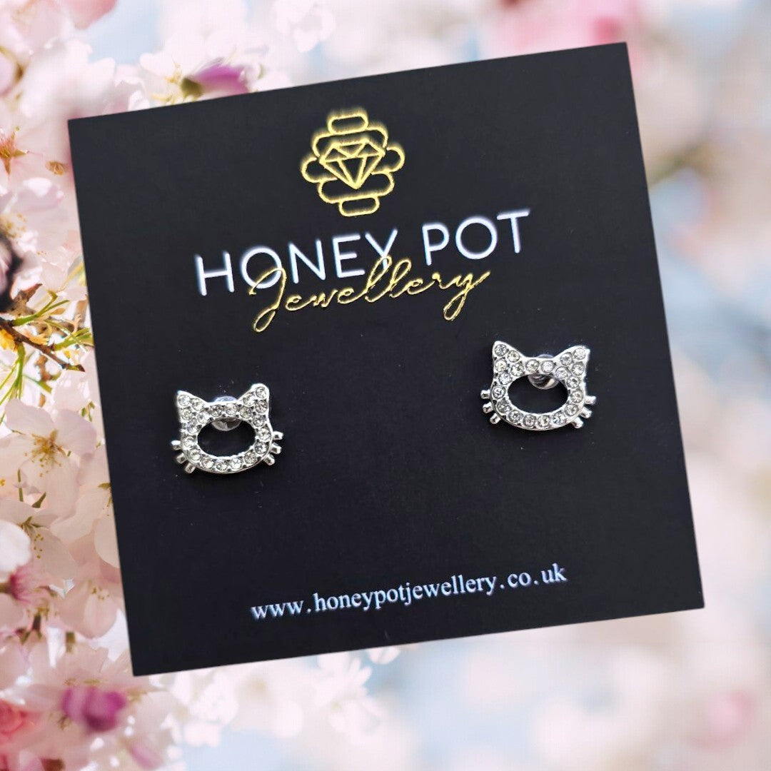 Crystal Cat Stud Earrings | Stainless Steel