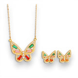 Gold Rainbow Crystal Butterfly Necklace and Earring Set | Stainless Steel