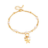 Gold Double Layer Pearl Starfish Pendant Anklet | Stainless Steel