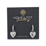 Embossed Heart Huggie Hoop Pendant Earring | Stainless Steel